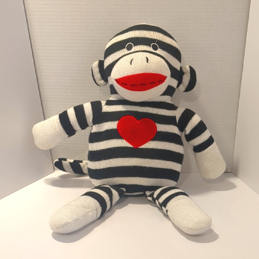 Striped Sock Monkey Plush with Red Heart
